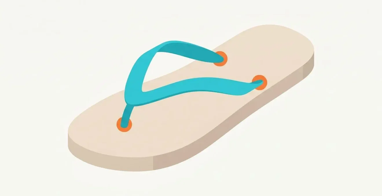 Schéma isométrique d'une tong montrant la semelle en EVA beige et la sangle en Y turquoise avec les trois points d'ancrage.