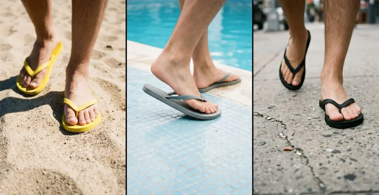 Trois scènes côte à côte montrant des pieds portant des tongs sur du sable, des claquettes au bord d'une piscine, et des claquettes sur un trottoir urbain.