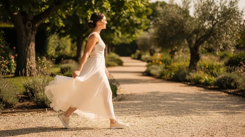 Mariée en mouvement marchant le long d'une allée arborée dans un jardin français, portant une robe bohème et des baskets crème