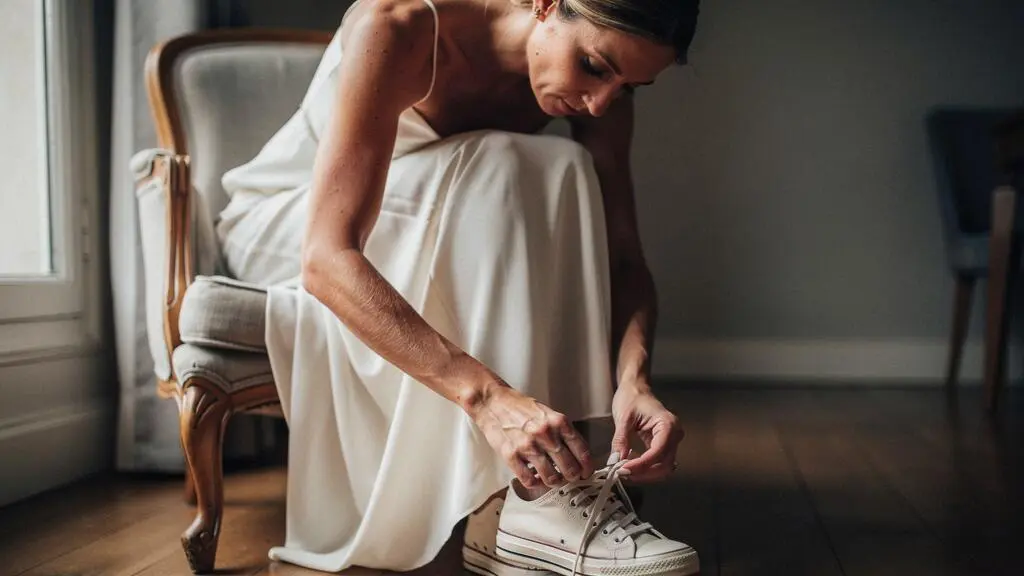 Mariée assise ajustant les lacets de ses baskets beige-ivoire pendant la préparation du mariage dans un intérieur français
